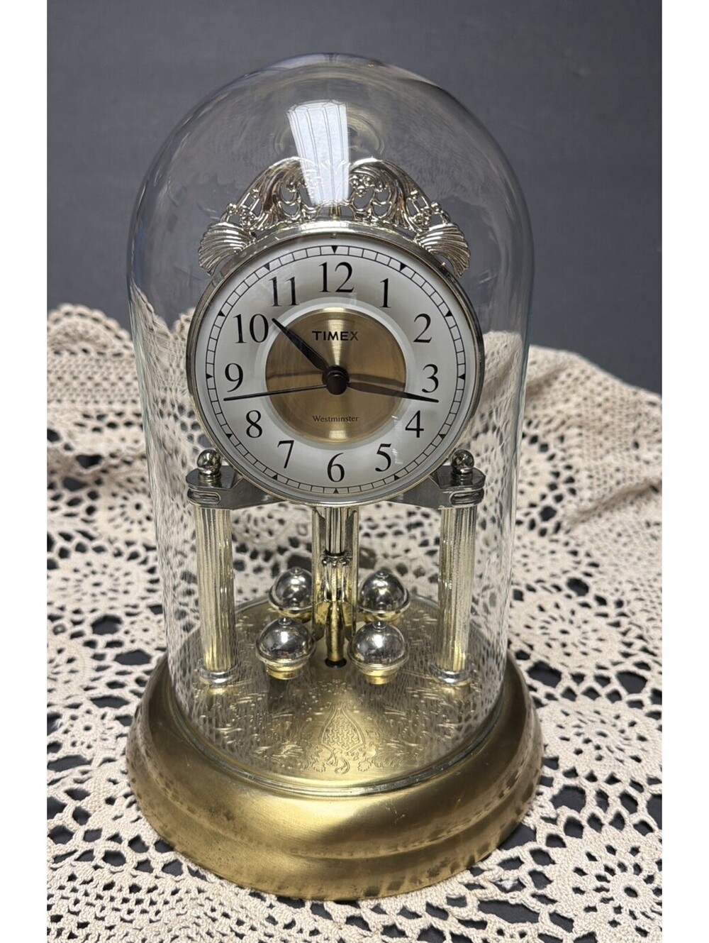 Timex Anniversary Clock Westminster Chime 9" Glass Dome Pendulum-Tested- Works